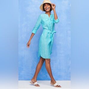 Talbots Turquoise Striped Shirt Dress - Linen - Popover - Belt - Pockets